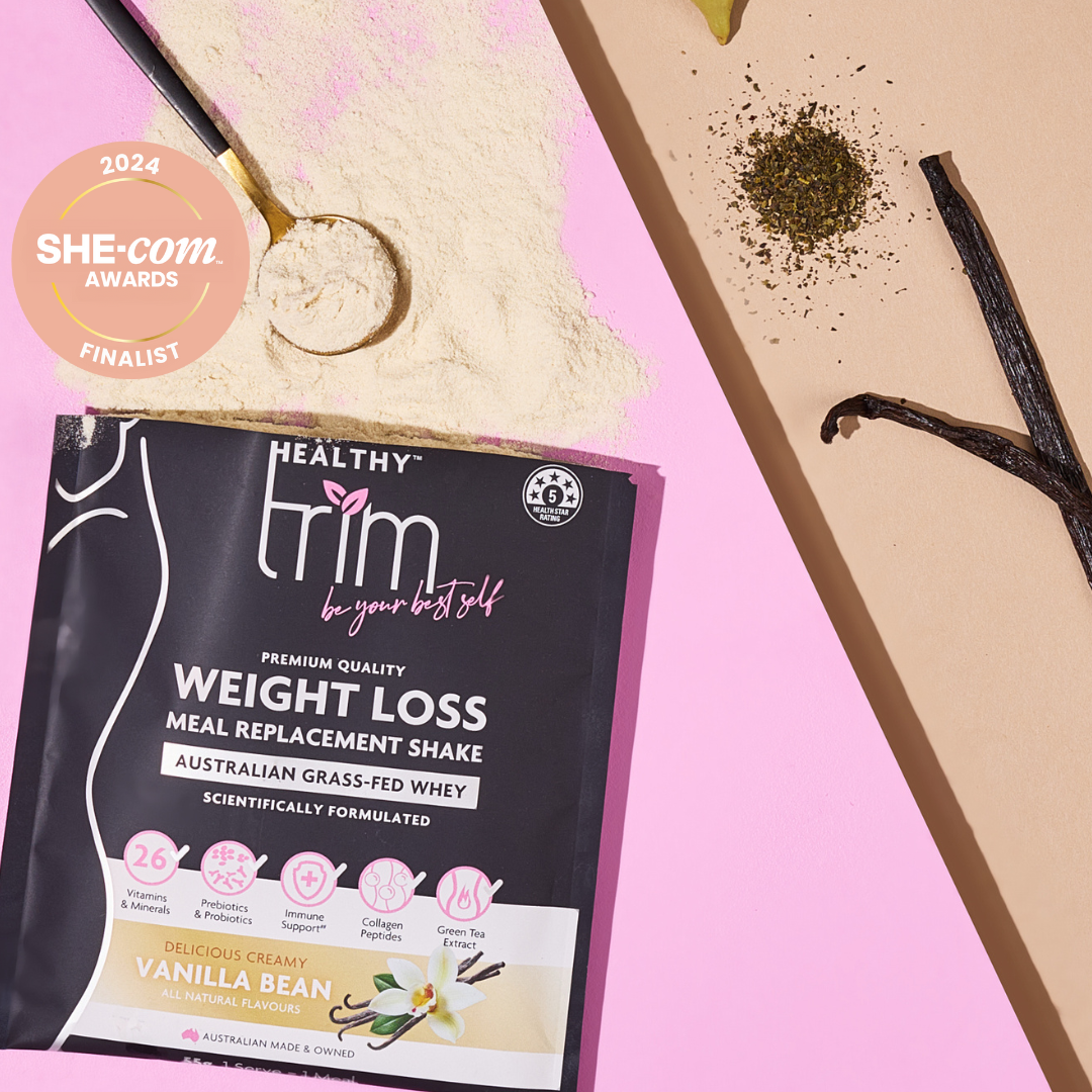 Healthy Trim vanilla sachet with ingredients display.