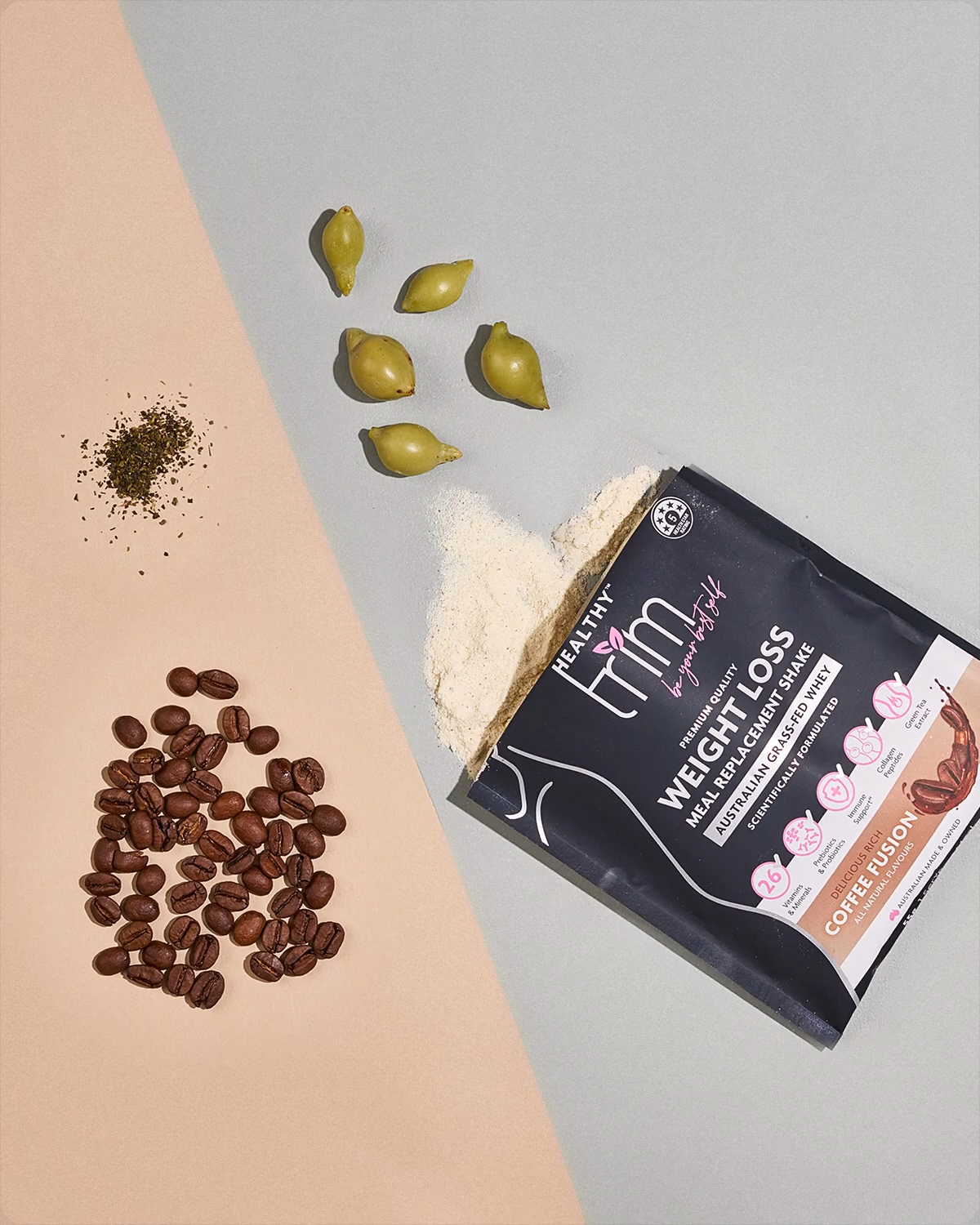Coffee Fusion sachet with raw ingredients 